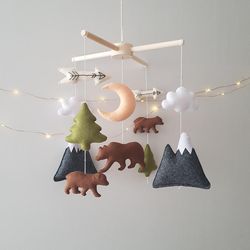 woodland baby crib mobile. bears in adventure nursery decor. forest mobile. newborn gift. woodland nursery decor.