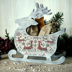 wooden scandinavian style open-top box with deer, christmas decor, holiday party decoration