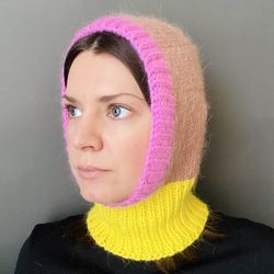 mink wool knitted balaclava color block