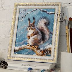painting of a cute squirrel in winter