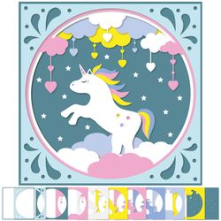 unicorn. multilayer 3d postcard svg, shadow box