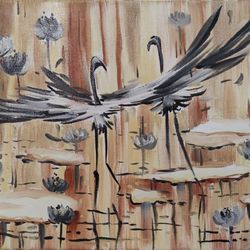 dancing birds oil painting original animal art