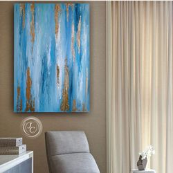 blue turquoise abstract wall art with gold | modern original oil painting on canvas