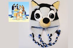 crochet bluey dog kid hat pattern, crochet pattern, bluey dog, child hat patterns, bluey heeler puppy, bingo hat