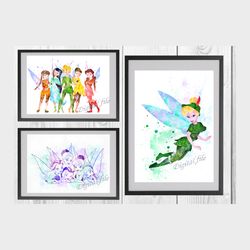 tinker bell peter pan disney set art print digital files nursery room watercolor