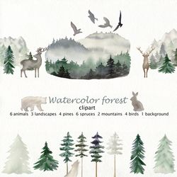 watercolor forest clipart, landscape png, pine tree clipart.