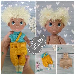 pattern crochet baby doll pdf in english. amigurumi doll toy tutorial. baby boy with clothes set.