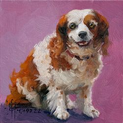 original dog spaniel portrait oil canvas painting, cute small tiny pet acrylic painting, miniature pink animal wall art