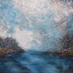 large painting abstract textured landscape in blue colors