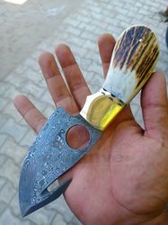 hand forged fixed blade skinning knife, gut hook, stag antler handle, skinner, camping knife, bowie knife, pocket knife