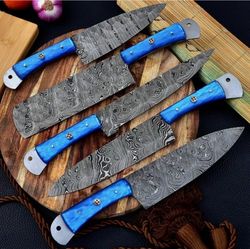 damascus chef set of 5 pieces ,custom handmade chef set , handmade damascus chef set ,personalized gift for mother ,