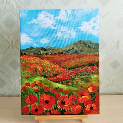 poppy wall art vertical landscape painting impasto