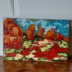 summer landscape. the red mountains. poppies. original small oil painting. handmade 4 by 6