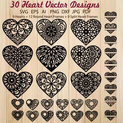 mandala lace hearts svg bundle, heart monogram frame templates for laser, paper, vinyl cut, silhouette cameo, cricut