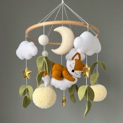 forest baby mobile in the crib, woodland baby mobile,  baby mobile with a fox, nursery decor, mobile neutral