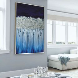 blue and silver abstract wall art tree painting original art shiny textured artwork