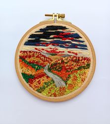 Embroidery Autumn Landscape Hoop Art Wall Hanging Thread Painting Round Wall Decor Gift for Her Him