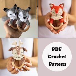 crochet rattles: fox, deer and wolf - patterns bundle 3 in 1