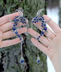 elven ear cuffs with  lapis lazuli. elf ears. ear cuffs.