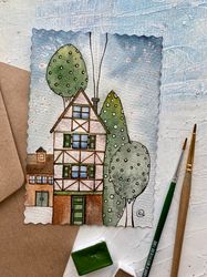 germany houses art original painting small watercolor card gift artwork rubinova