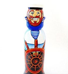 sailor wooden bottle case figure - vintage ship captain russian bottle case art painted