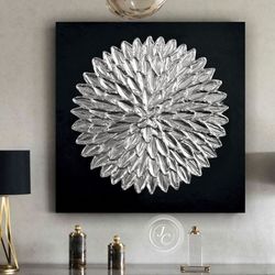 black and silver abstract wall art original painting textured artwork with round silver texture modern wall art