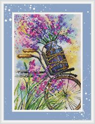 bicycle cross stitch pattern lavender cross stitch pattern flower cross stitch pattern spring cross stitch pattern