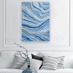 silver and blue abstract painting original wall art stone texture artwork geode art 20 by 28 inch | blue home decor