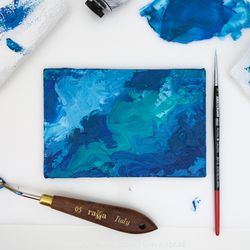 original miniature abstract acrylic canvas painting, ocean sea fantasy impasto wall art, small tiny seascape miniature