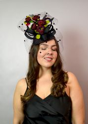 derby hat black, black red fascinator, black red derby hat