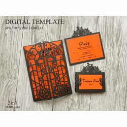 halloween wedding invitation svg template cricut bat pumpkin set, iron gate fold gothic envelope place card laser cut