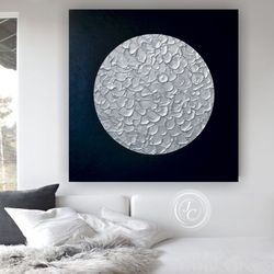 black and silver abstract original painting textured artwork with round silver shiny texture modern wall art