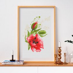 poppy cross stitch , flowers cross stitch, floral cross stitch, counted cross stitch, modern cross stitch