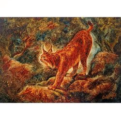 lynx painting animal original art woodland painting on canvas forest art bobcat realism painting 20"x 28" by colibri art