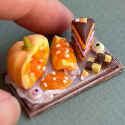 miniature doll set with halloween sweets for playing in a dollhouse, scale 1:12