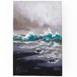 original seascape acrylic small canvas painting, sea ocean waves black landscape wall art, fantasy miniature coastal art