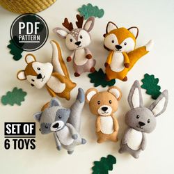 6 woodland felt animals pattern pdf, felt toys tutorials, felt ornament pattern, baby toy newborn, infant toy, stim toy