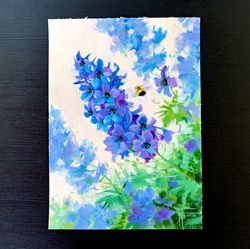 original delphiniums flowers acrylic painting, violet floral garden still life wall art bumblebee botanical illustration