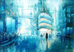 cyberpunk painting "cyberpunk city" original oil painiting on canvas modern city painting art by "walperion paintings"