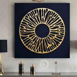 black and gold abstract original painting textured artwork with round gold texture modern wall art