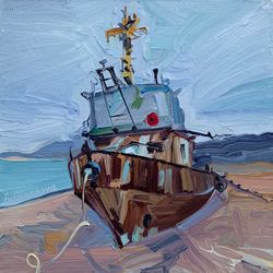 abandoned boat.  original oil painting,