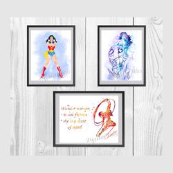 wonder woman dc comics superhero set art print digital files decor nursery room watercolor