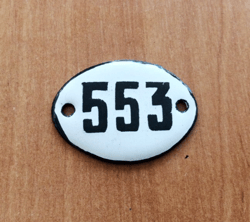 Apartment door number sign 553 - vintage small address plate white black