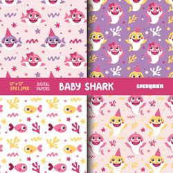 baby shark digital paper, baby shark seamless patterns, baby shark girl