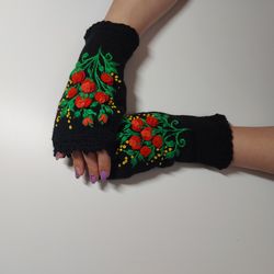 Mittens with embroidery, Hand Knitted embroidered Fingerless Gloves, flowers gloves,Clothing And Accessories