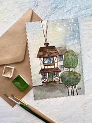 germany houses art original painting small watercolor card gift artwork rubinova