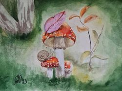 original painting family of fly agarics watercolor mushrooms and snail