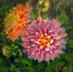 dahlia painting flower original art 6 1/2" x 6 1/2" floral artwork flower wall art smal oil painting garden painting