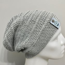 hand crocheted shiplap slouch hat, unisex beanie hat in gray