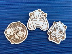 one or set of 3 spy x family wood pins, sxf inspired anime chibi charms with anya forger and bond